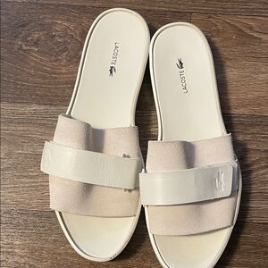 Lacoste Women's Beige and White Slide Sandals